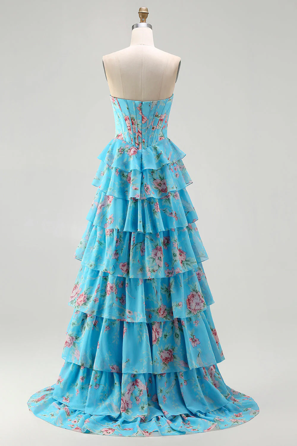 Dark Blue Strapless A-line Corset Bodice Floral Long Prom Dress with Chiffon Ruffle Skirt - Image 20