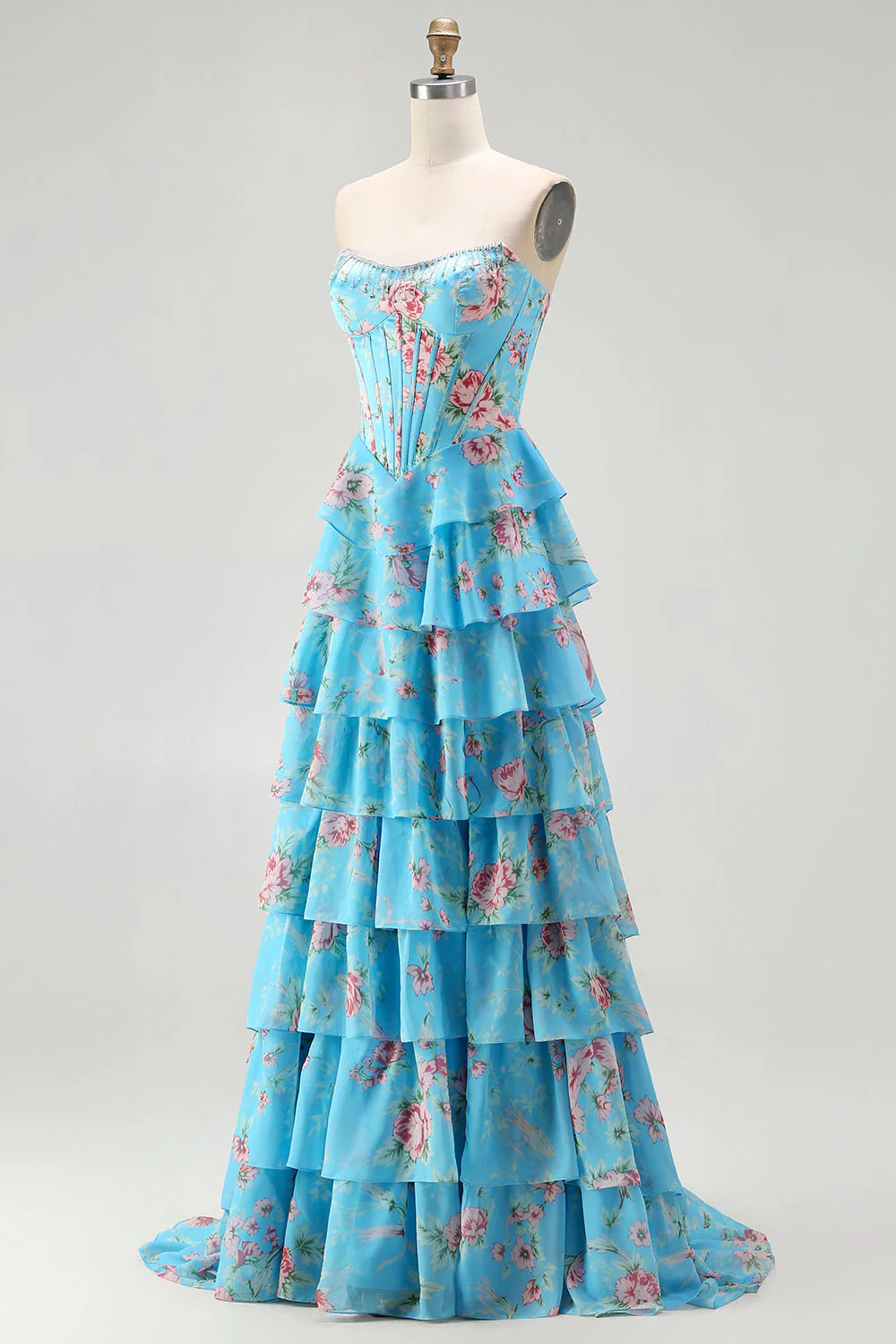 Dark Blue Strapless A-line Corset Bodice Floral Long Prom Dress with Chiffon Ruffle Skirt - Image 21