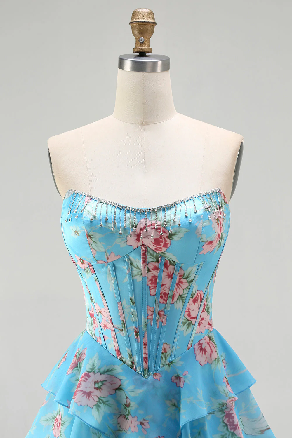 Dark Blue Strapless A-line Corset Bodice Floral Long Prom Dress with Chiffon Ruffle Skirt - Image 22