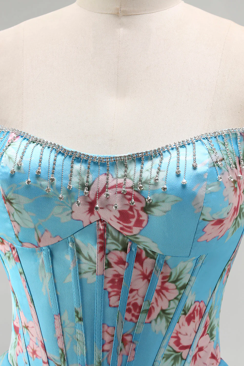 Dark Blue Strapless A-line Corset Bodice Floral Long Prom Dress with Chiffon Ruffle Skirt - Image 23