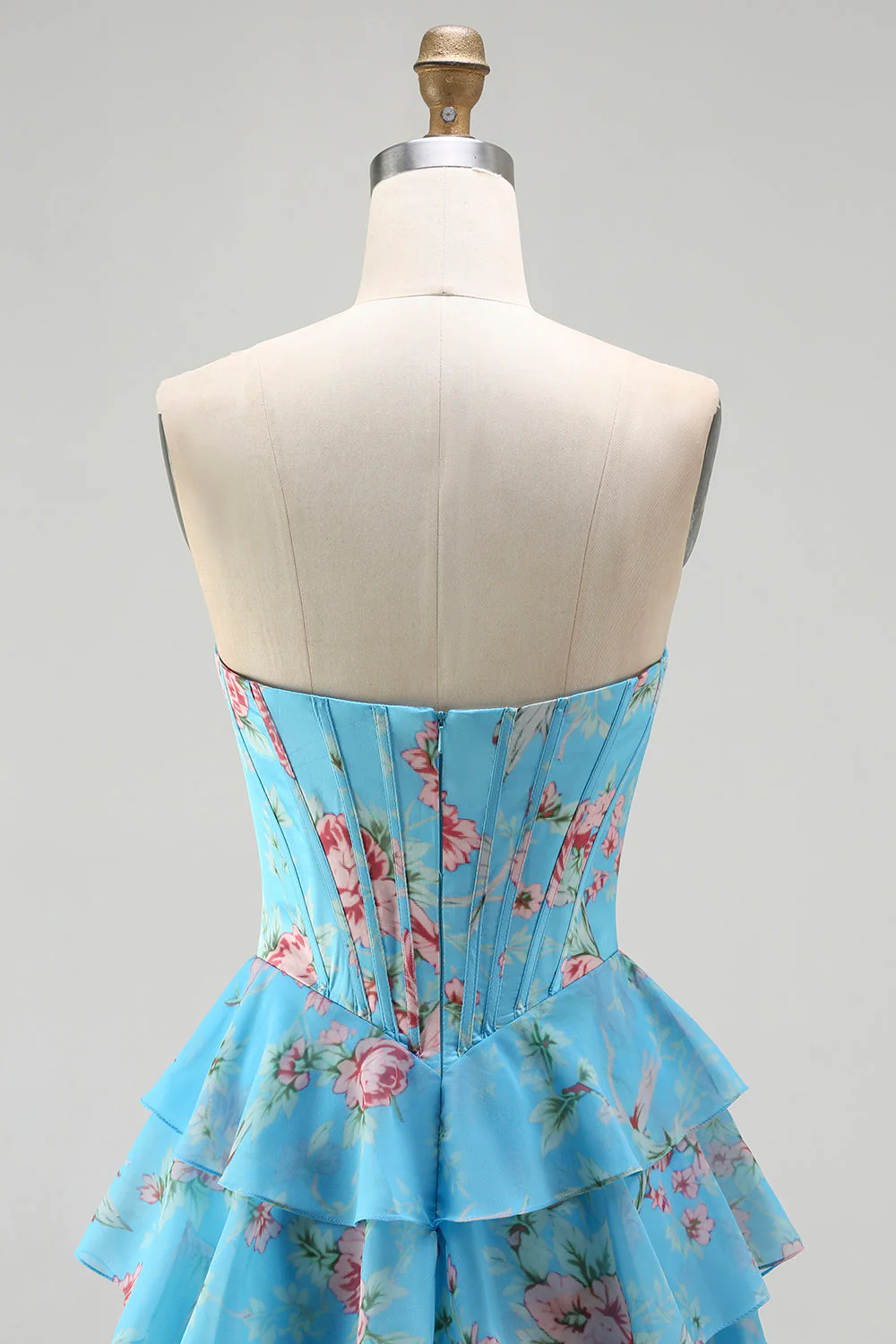 Dark Blue Strapless A-line Corset Bodice Floral Long Prom Dress with Chiffon Ruffle Skirt - Image 24