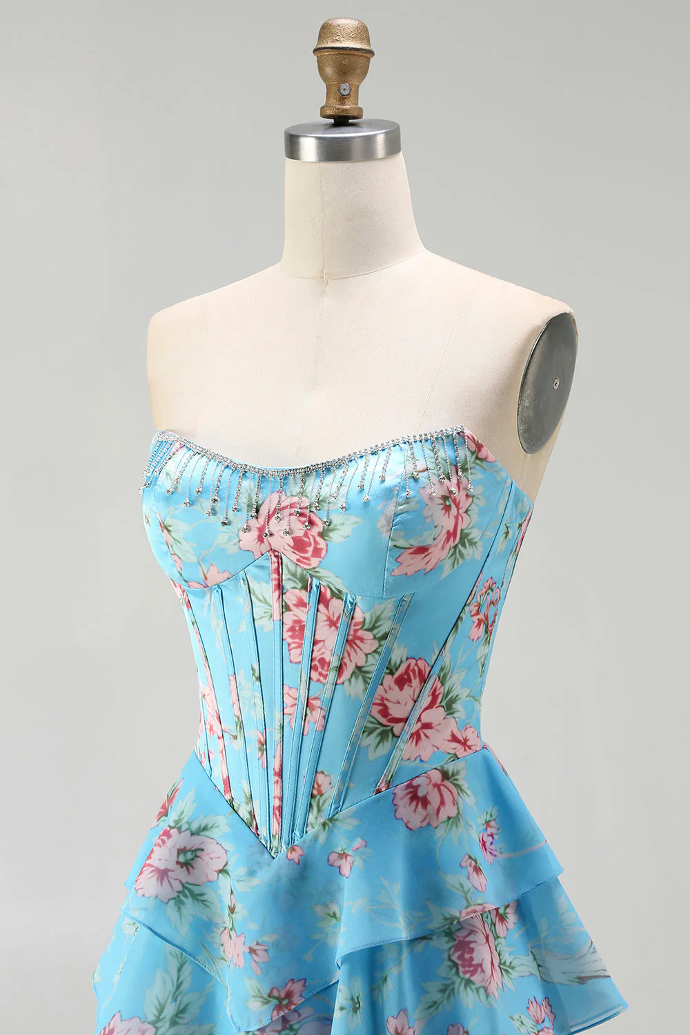 Dark Blue Strapless A-line Corset Bodice Floral Long Prom Dress with Chiffon Ruffle Skirt - Image 25