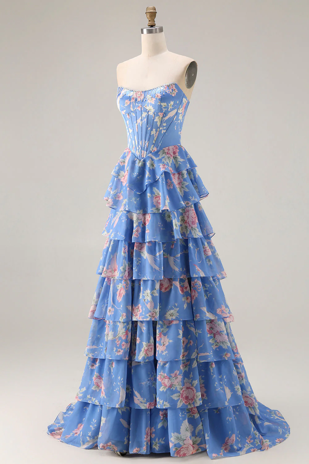 Dark Blue Strapless A-line Corset Bodice Floral Long Prom Dress with Chiffon Ruffle Skirt - Image 3