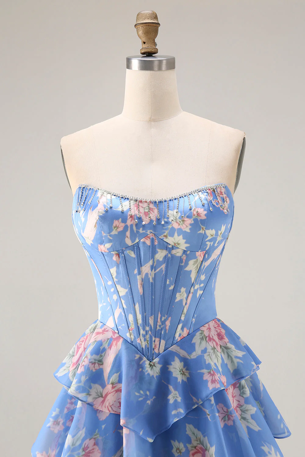 Dark Blue Strapless A-line Corset Bodice Floral Long Prom Dress with Chiffon Ruffle Skirt - Image 4