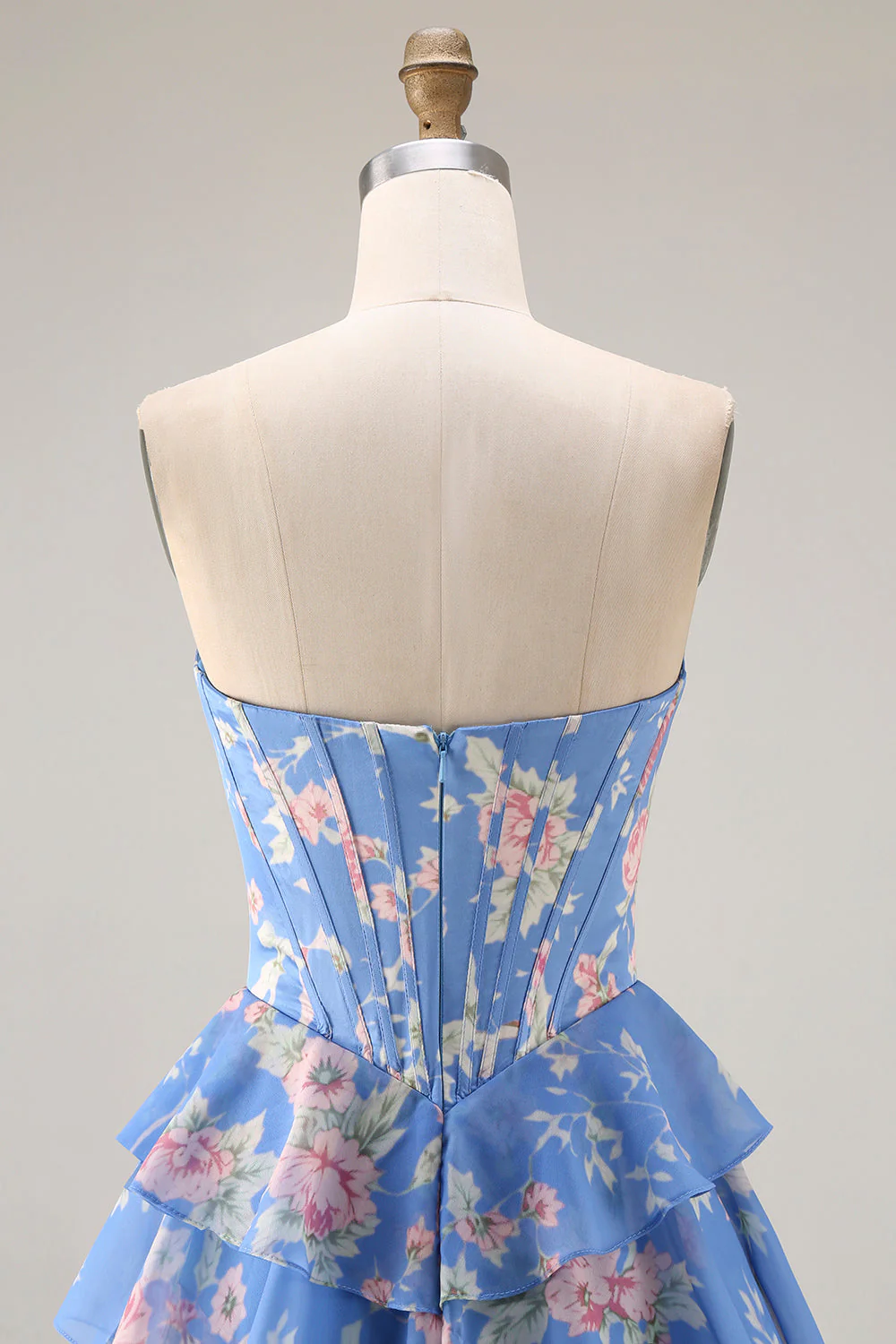 Dark Blue Strapless A-line Corset Bodice Floral Long Prom Dress with Chiffon Ruffle Skirt - Image 5
