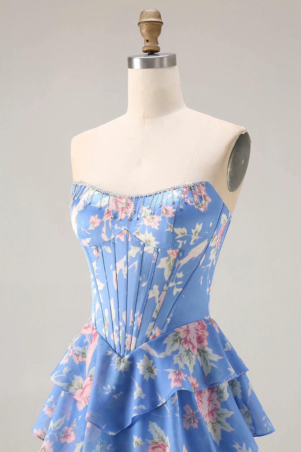 Dark Blue Strapless A-line Corset Bodice Floral Long Prom Dress with Chiffon Ruffle Skirt - Image 6