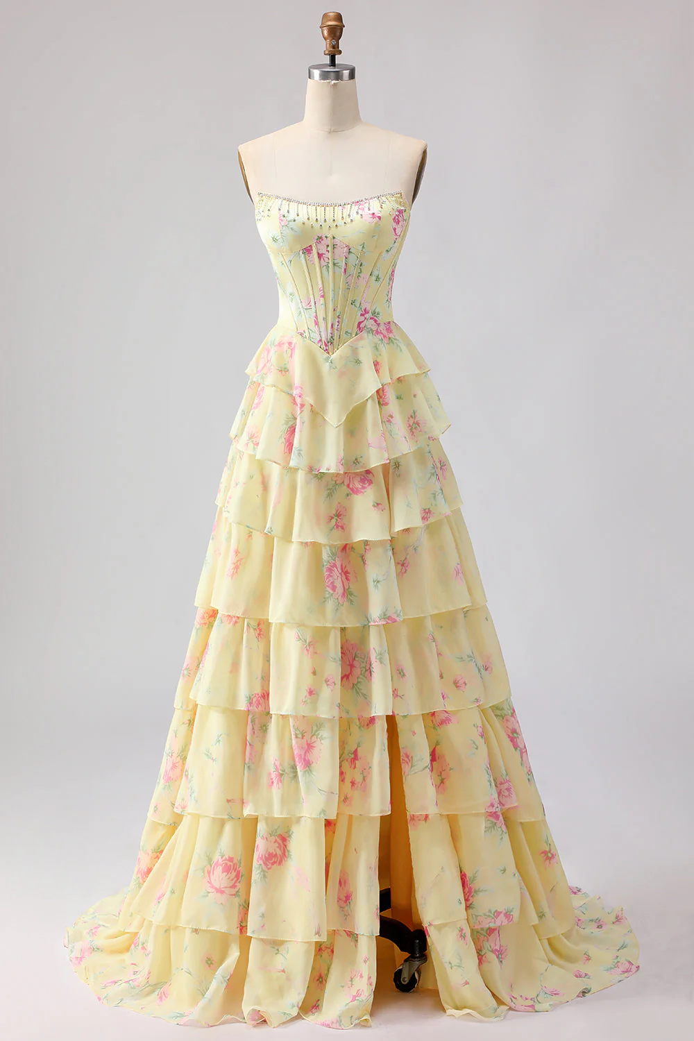Dark Blue Strapless A-line Corset Bodice Floral Long Prom Dress with Chiffon Ruffle Skirt - Image 7