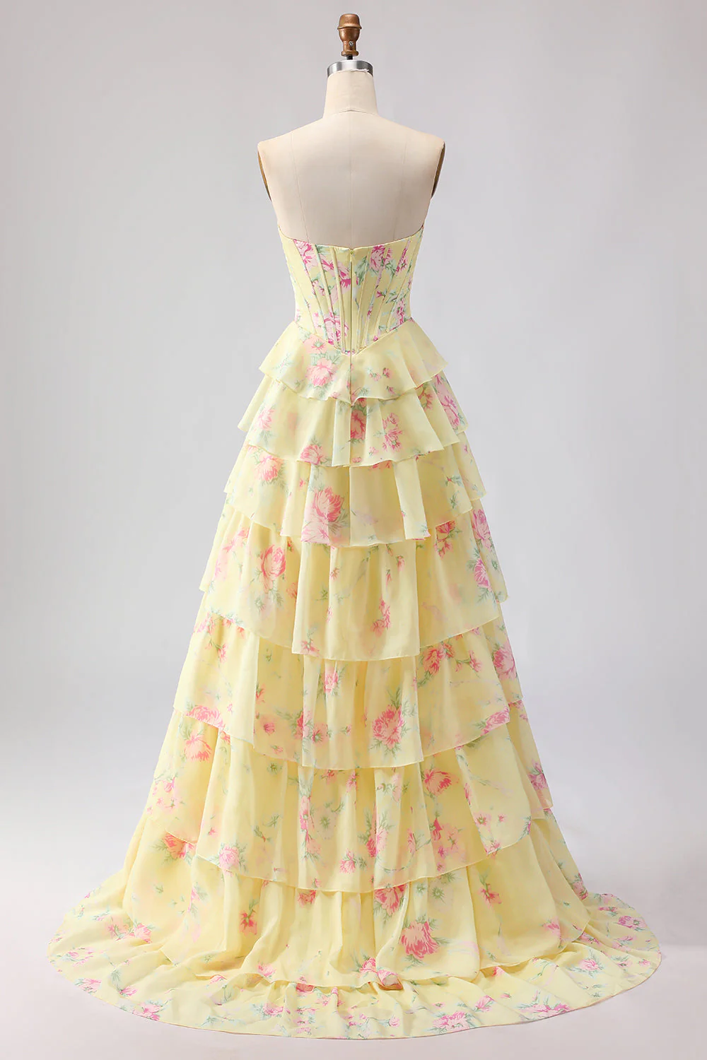 Dark Blue Strapless A-line Corset Bodice Floral Long Prom Dress with Chiffon Ruffle Skirt - Image 8