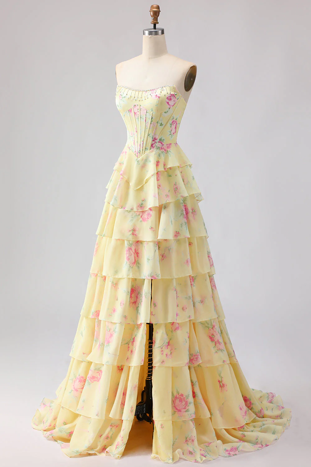 Dark Blue Strapless A-line Corset Bodice Floral Long Prom Dress with Chiffon Ruffle Skirt - Image 9