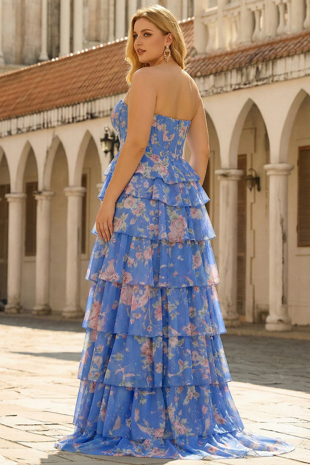 Dark Blue Strapless A-line Corset Chiffon Floral Long Plus Size Prom Dress with Ruffles - Image 2