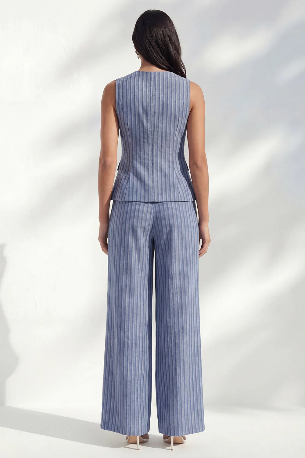 Dark Blue Stripe Round Neck Long Women Pantsuit - Image 2