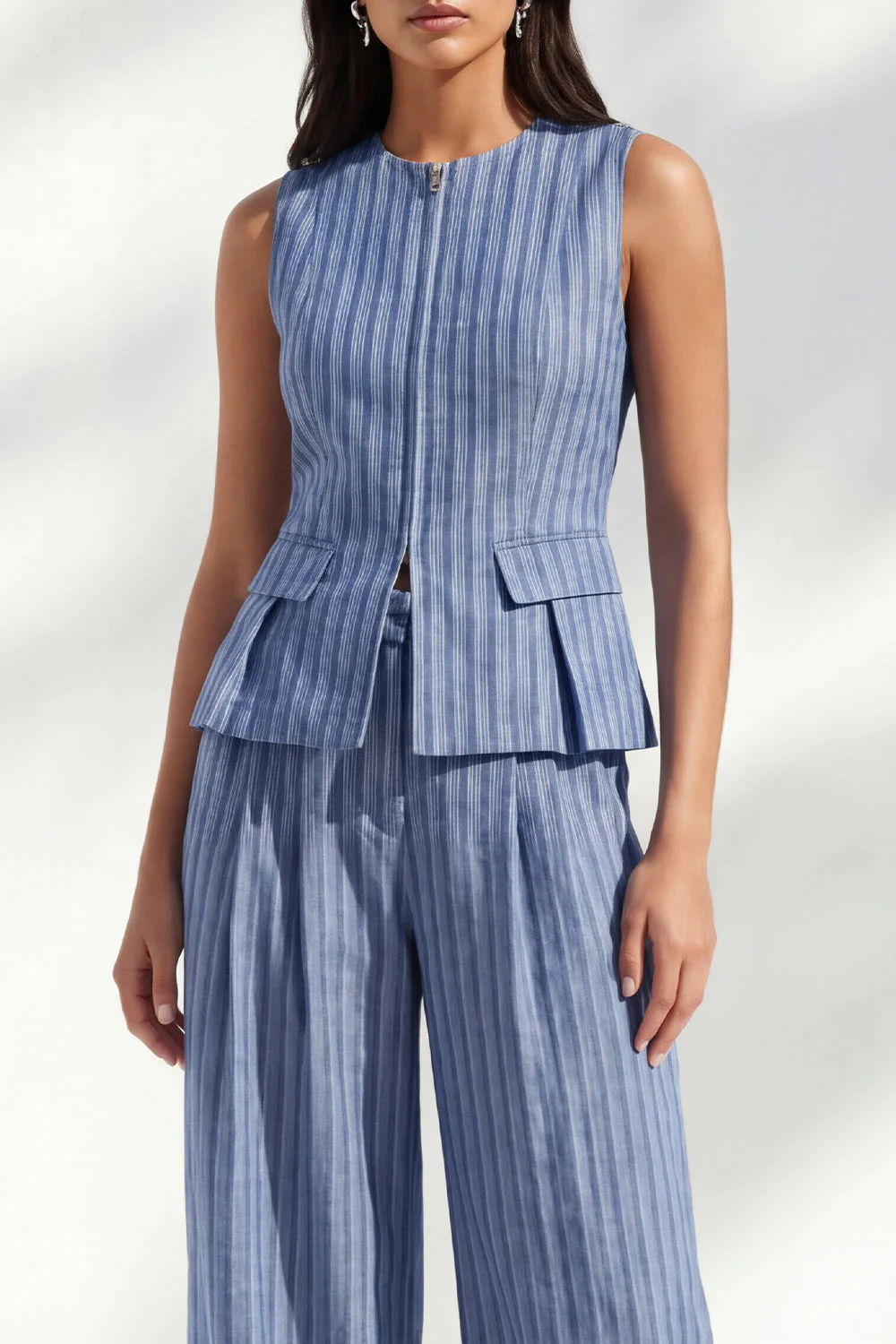 Dark Blue Stripe Round Neck Long Women Pantsuit - Image 3