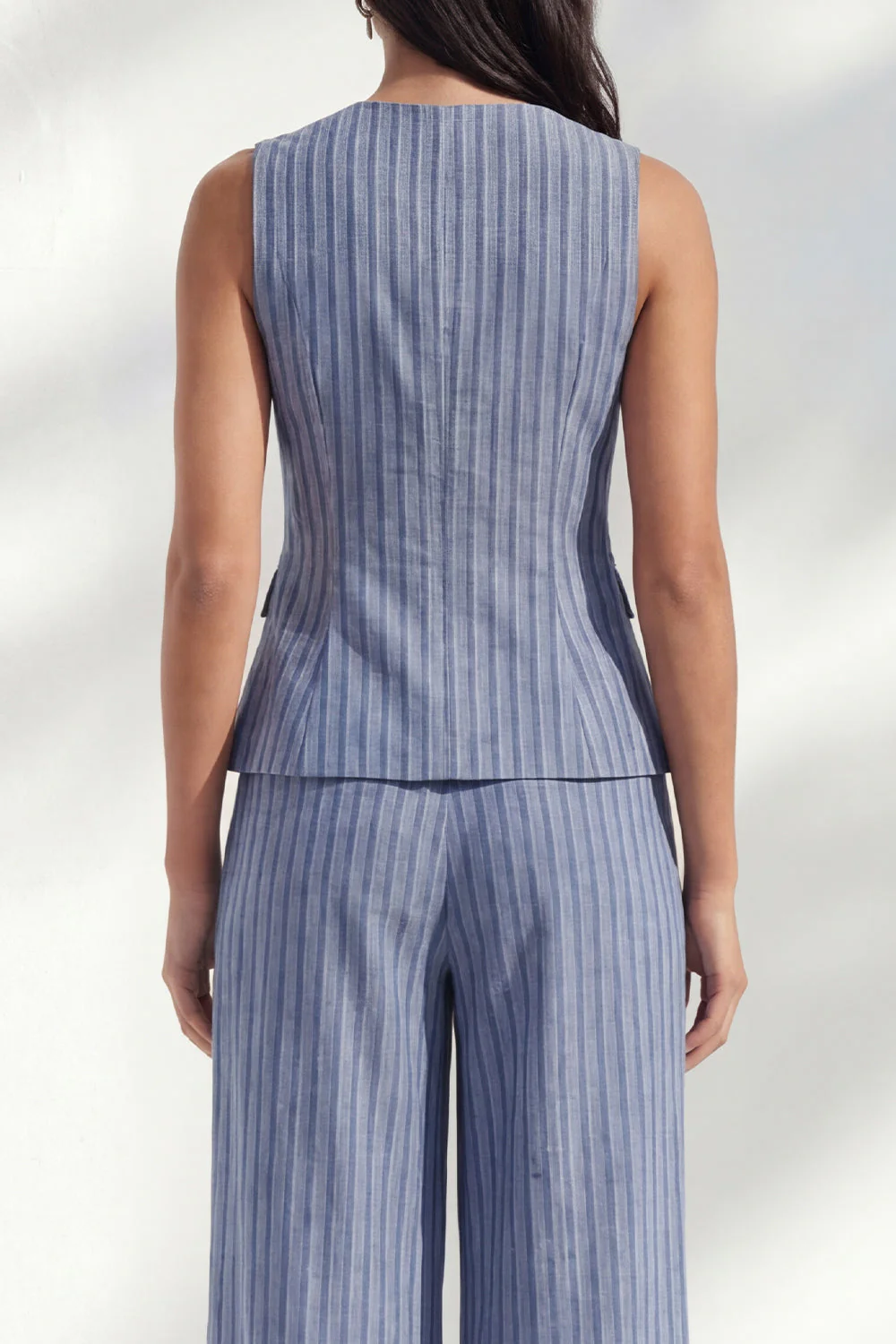 Dark Blue Stripe Round Neck Long Women Pantsuit - Image 4