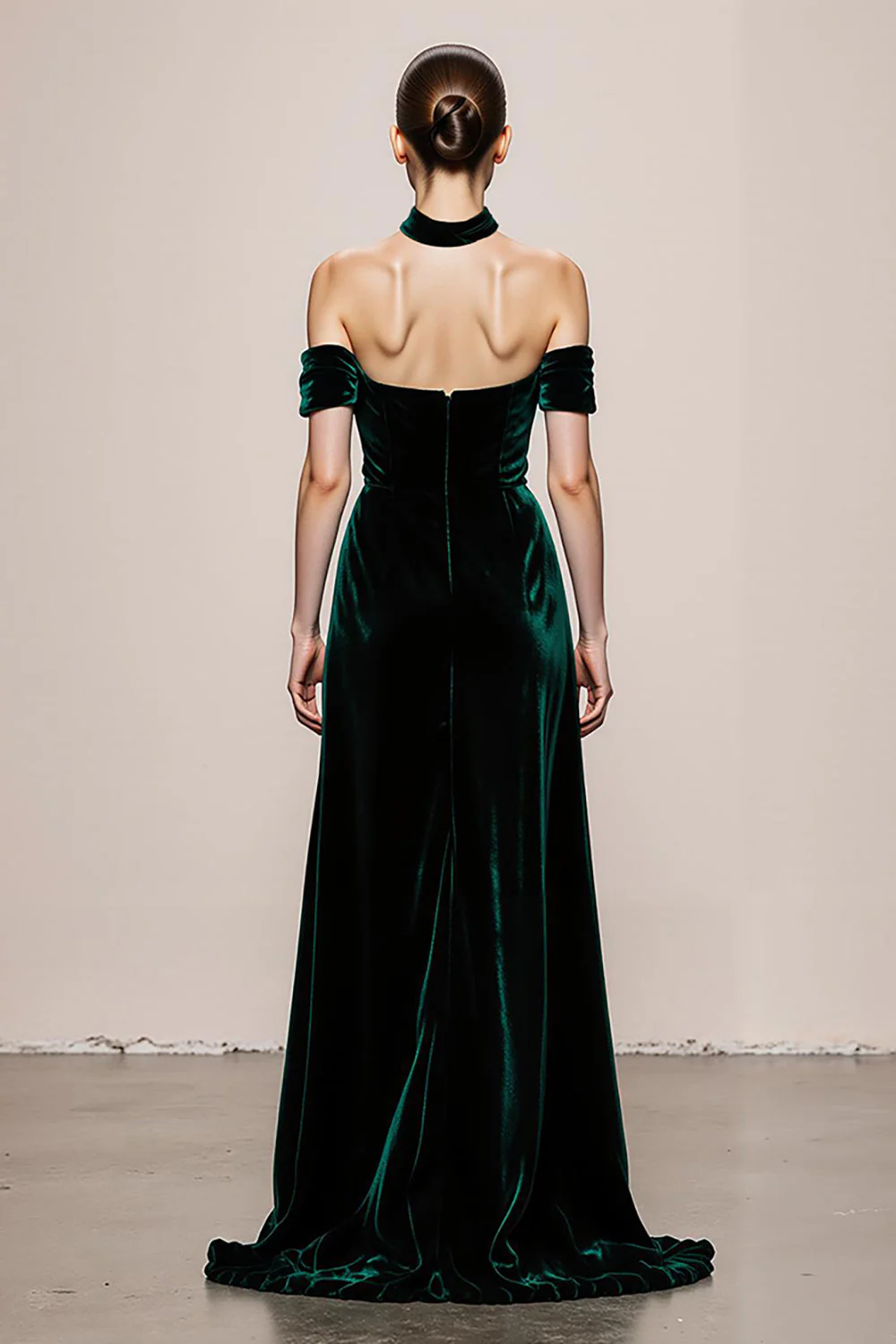 Dark Green A-Line Halter Velvet Long Evening Dress with Slit - Image 2