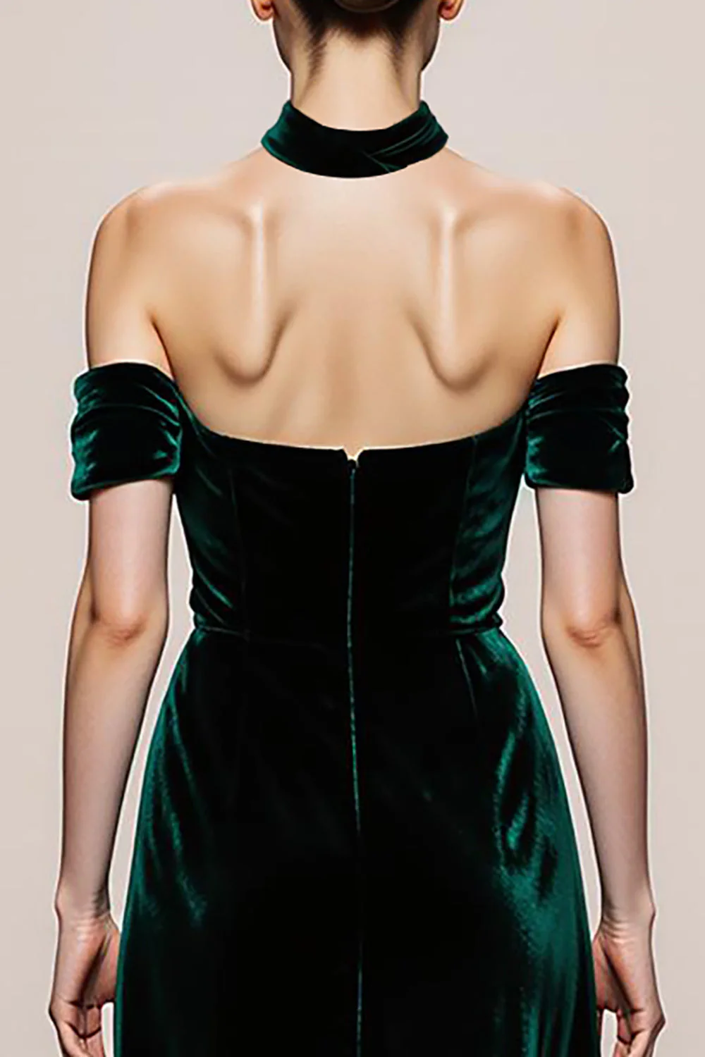 Dark Green A-Line Halter Velvet Long Evening Dress with Slit - Image 4