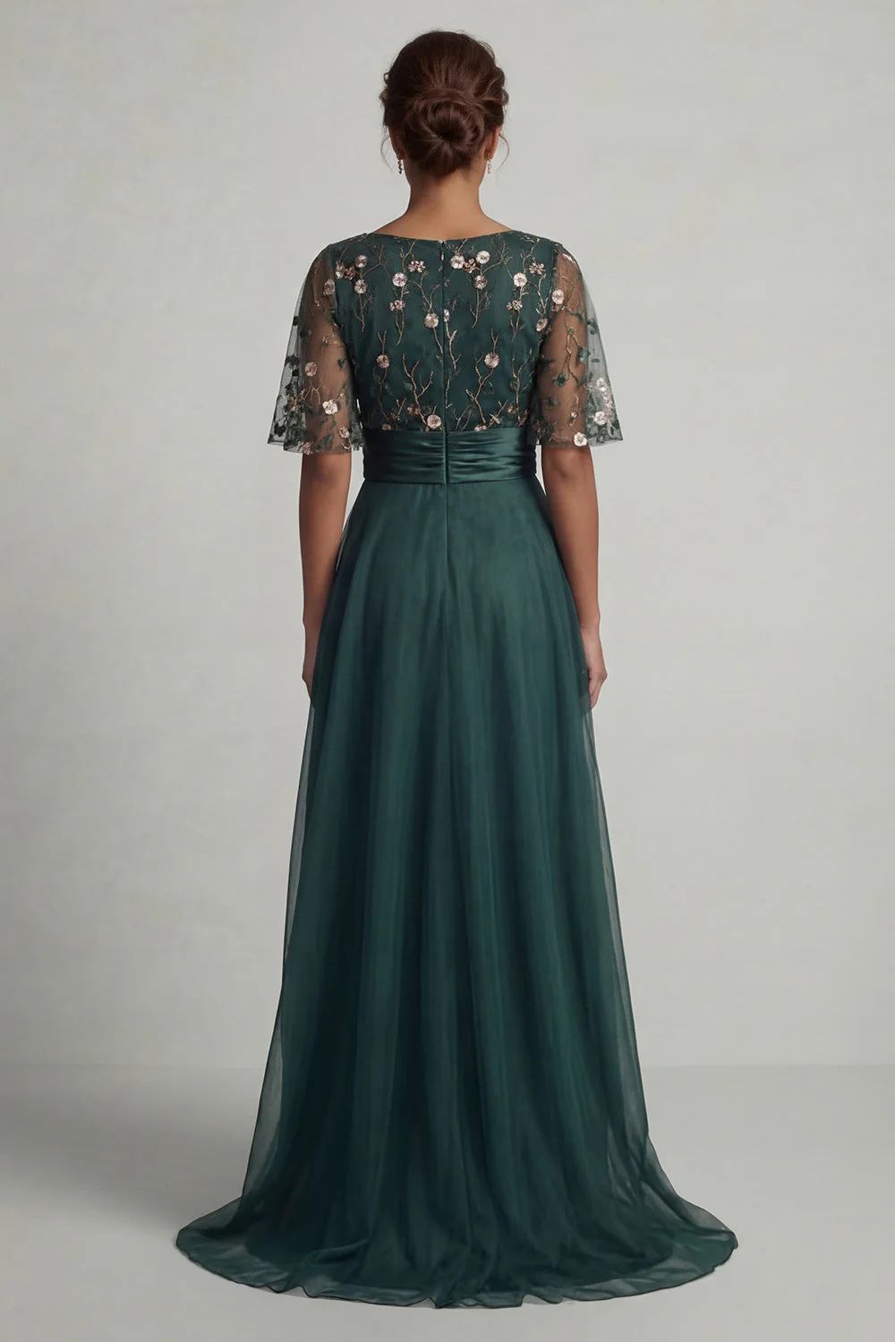 Dark Green A Line High-Low Boat Neck Mother of the Bride Dress with Half Sleeves - Image 2