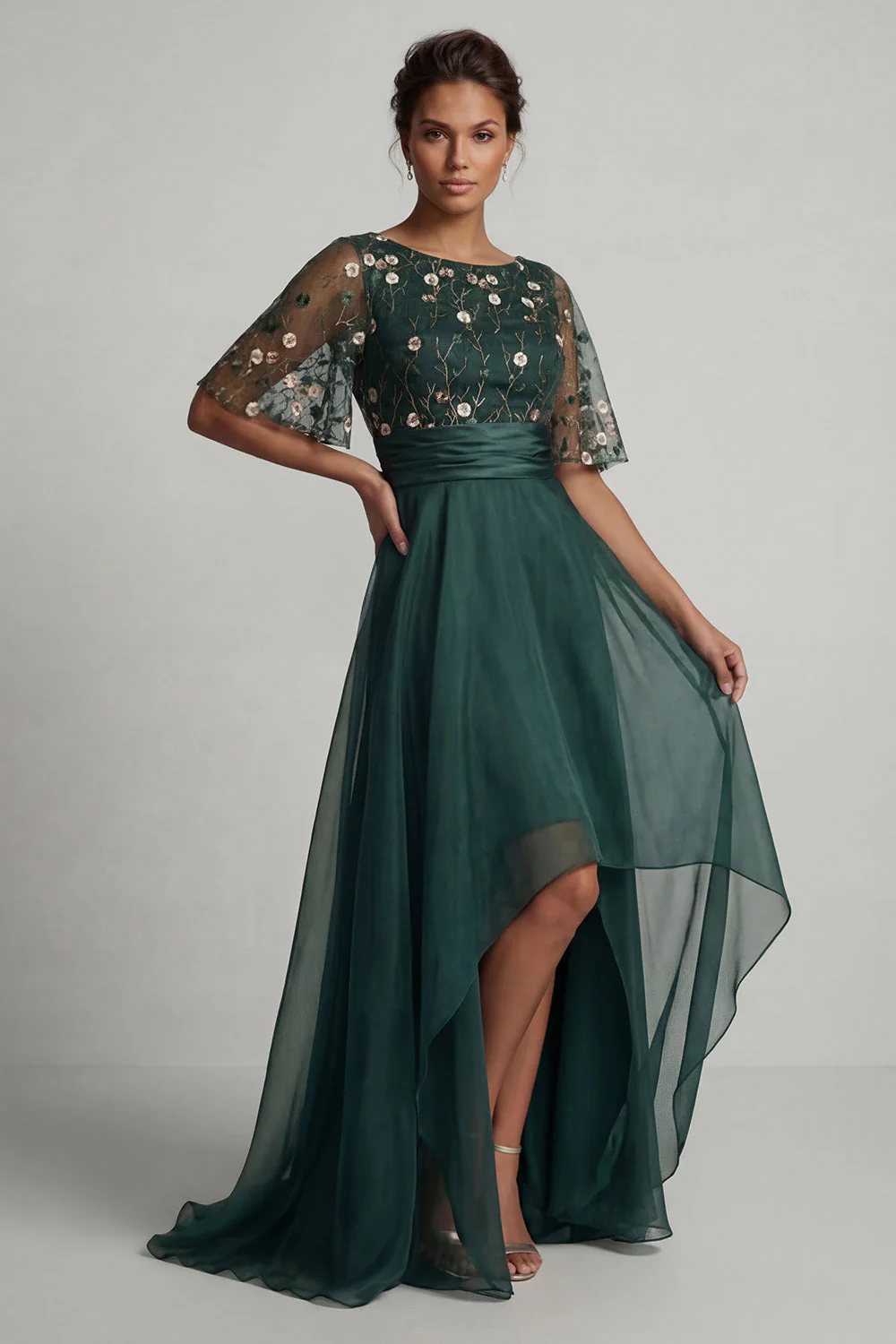 Dark Green A Line High-Low Boat Neck Mother of the Bride Dress with Half Sleeves - Image 3