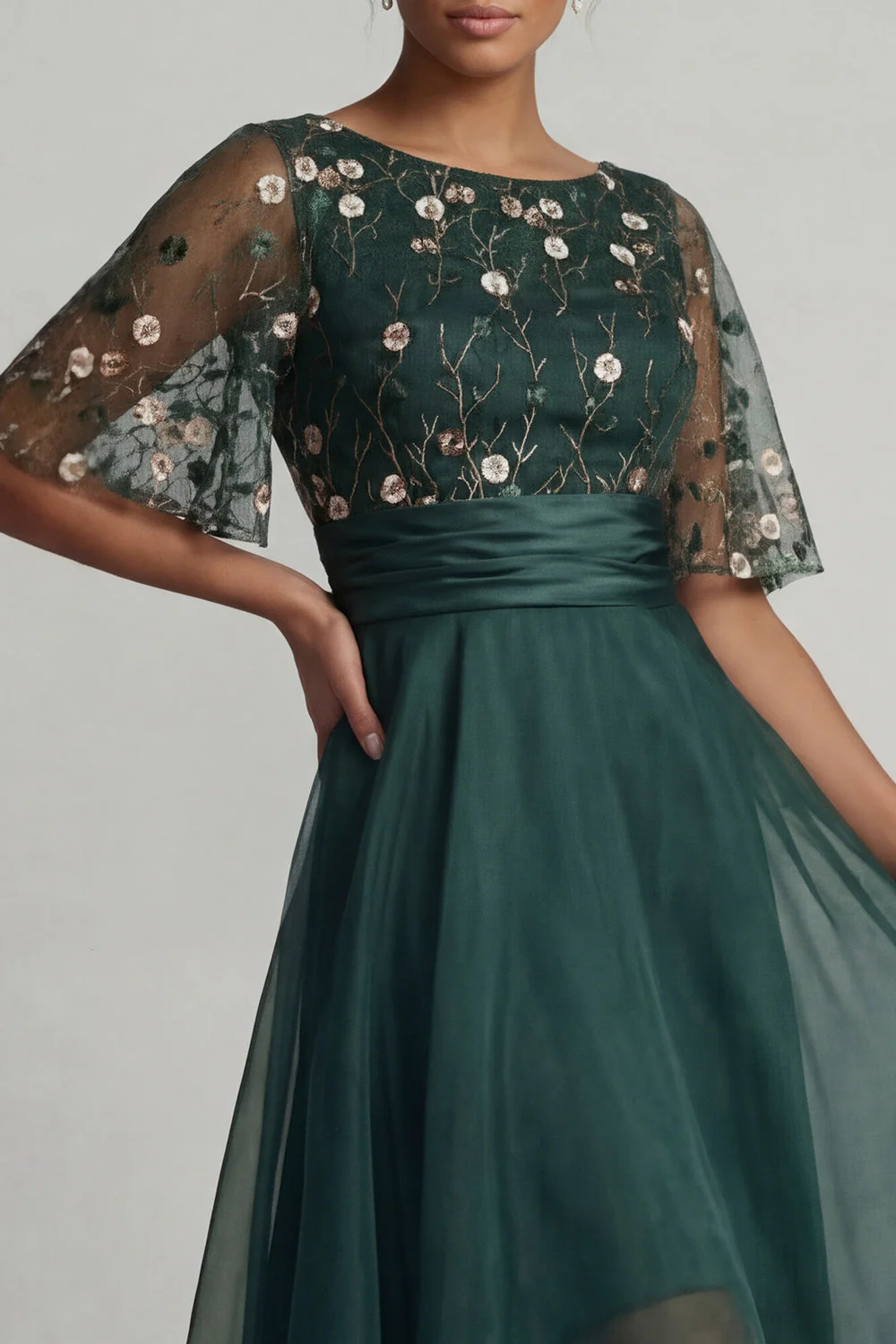 Dark Green A Line High-Low Boat Neck Mother of the Bride Dress with Half Sleeves - Image 4