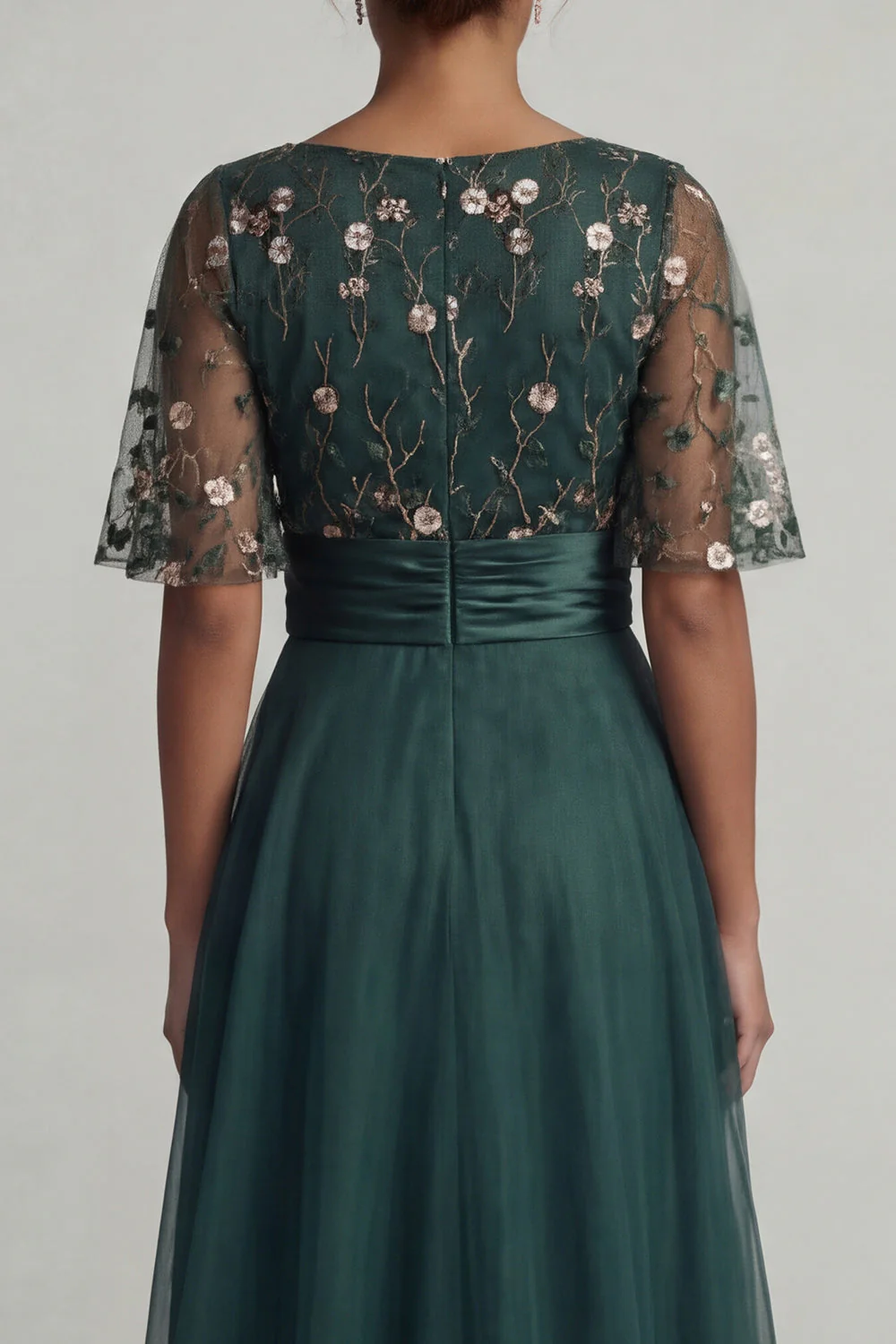 Dark Green A Line High-Low Boat Neck Mother of the Bride Dress with Half Sleeves - Image 5