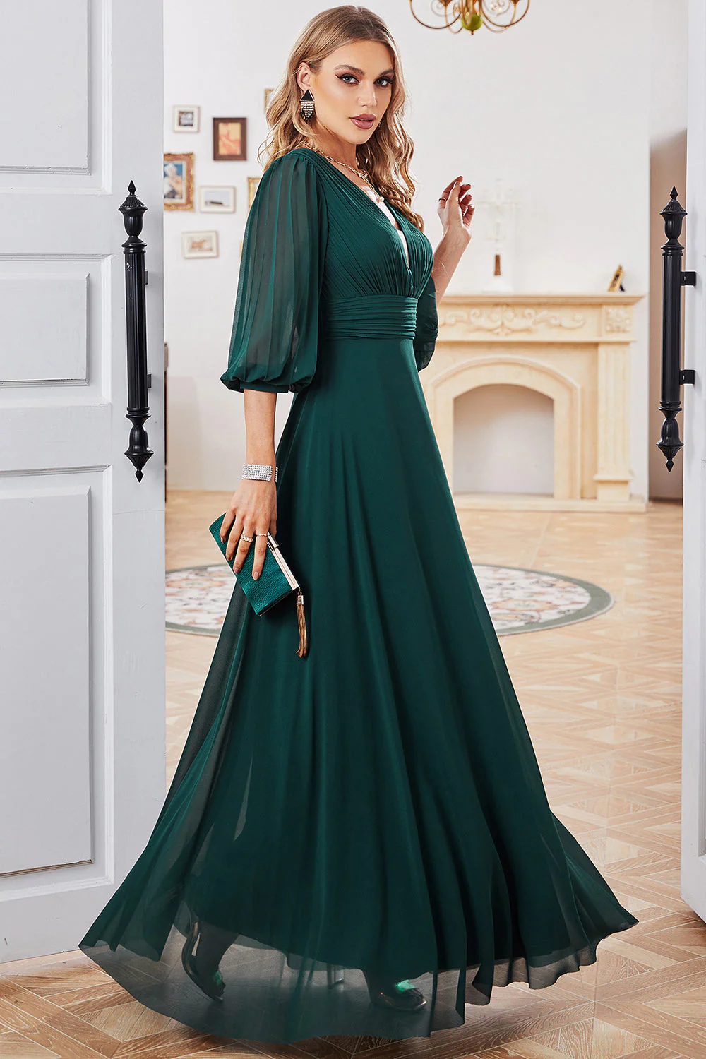 Dark Green A-line Long Sleeves V-Neck Choir Dress - Image 5
