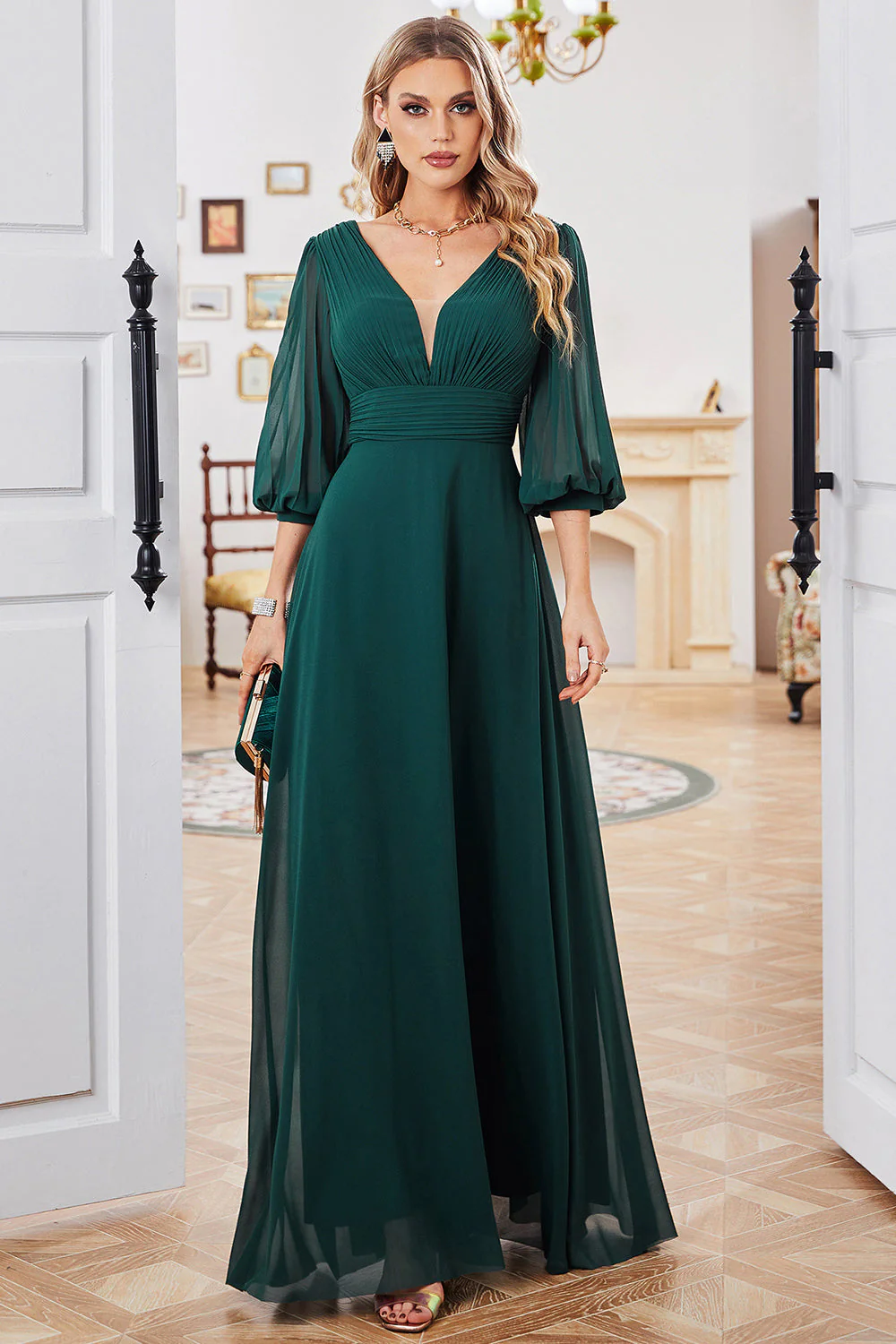 Dark Green A-line Long Sleeves V-Neck Choir Dress - Image 6