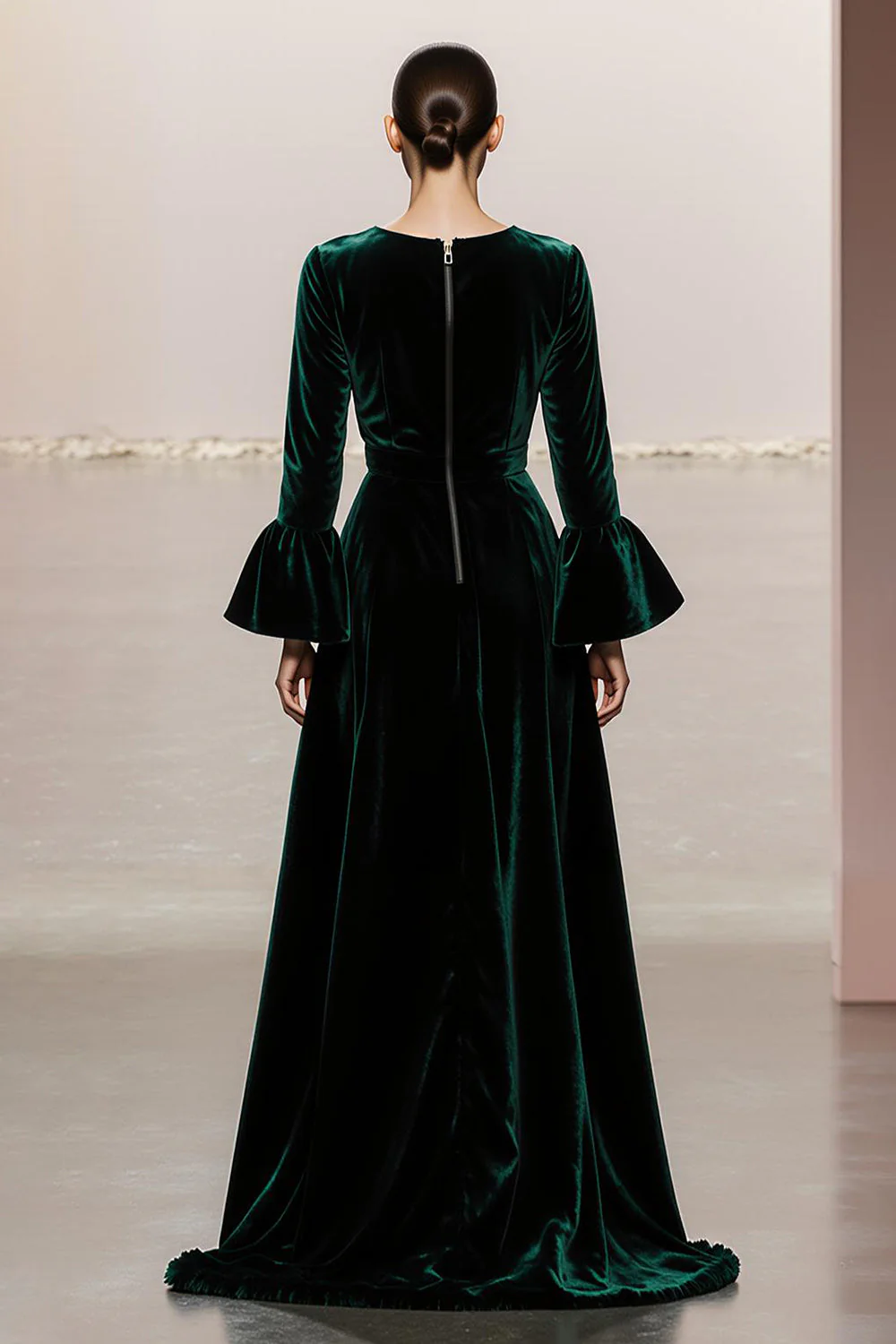 Dark Green A-Line Round Neck Long Sleeves Velvet Military Ball Dresses - Image 2