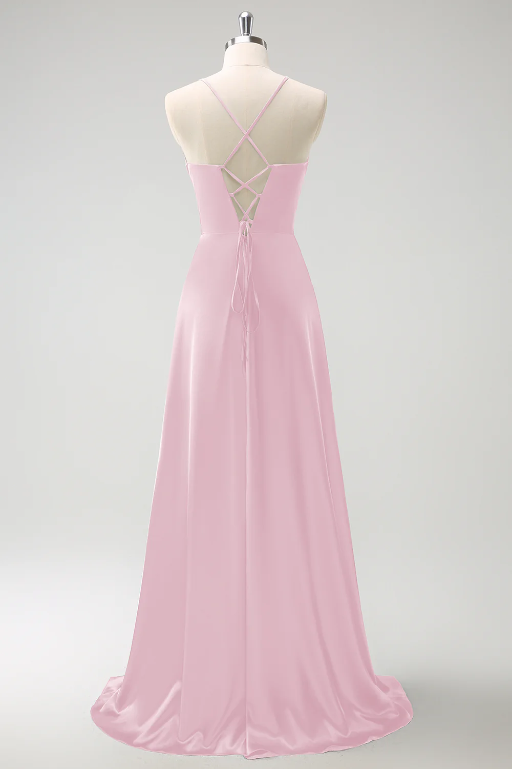 Dark Green A-Line Ruched Lace-Up Back Satin Long Bridesmaid Dress - Image 10