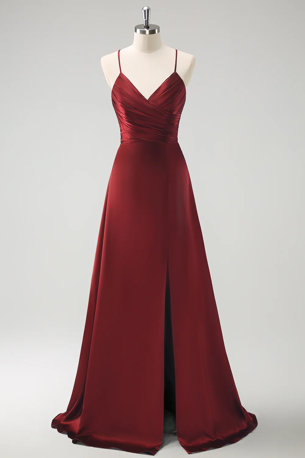 Dark Green A-Line Ruched Lace-Up Back Satin Long Bridesmaid Dress - Image 11