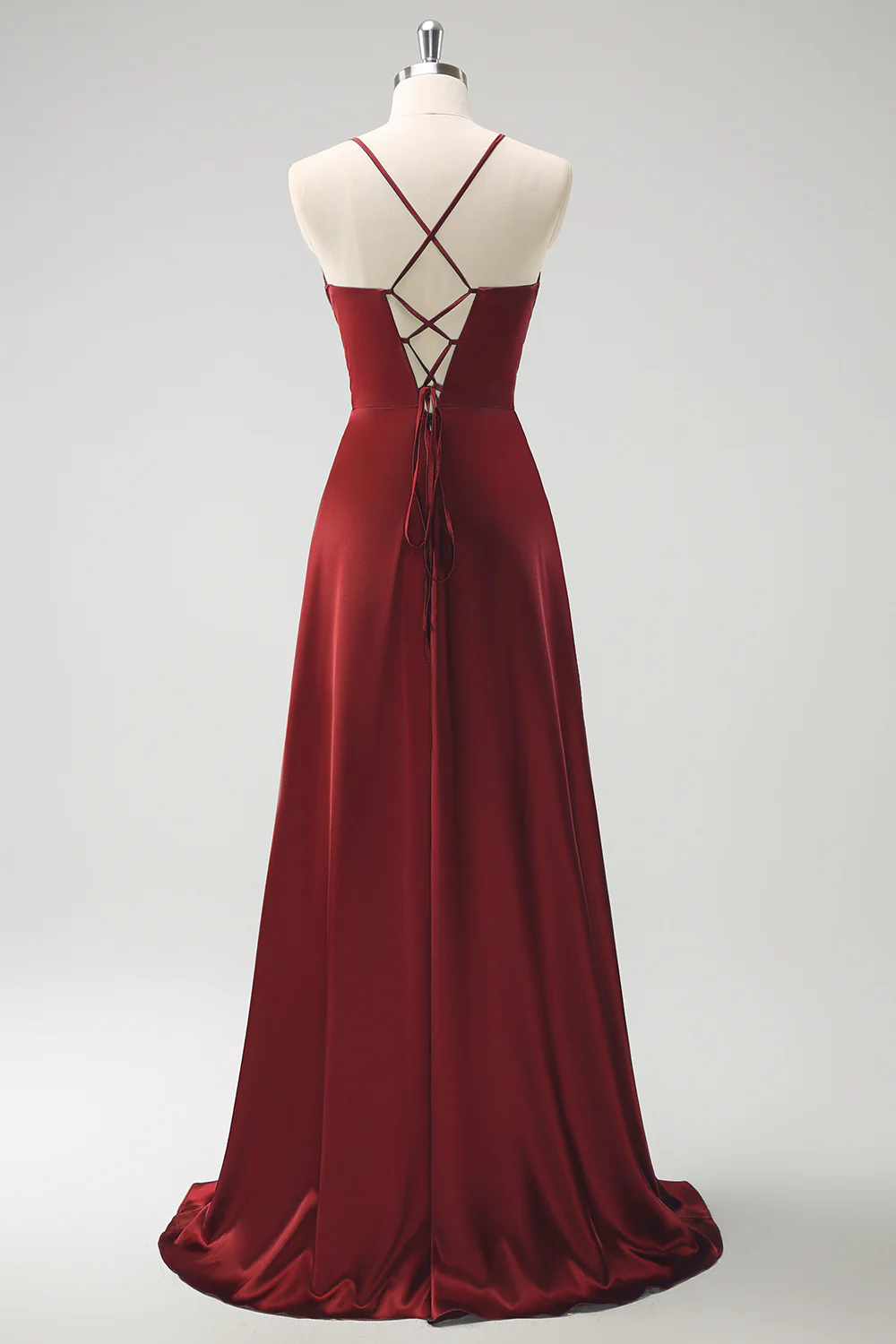 Dark Green A-Line Ruched Lace-Up Back Satin Long Bridesmaid Dress - Image 12