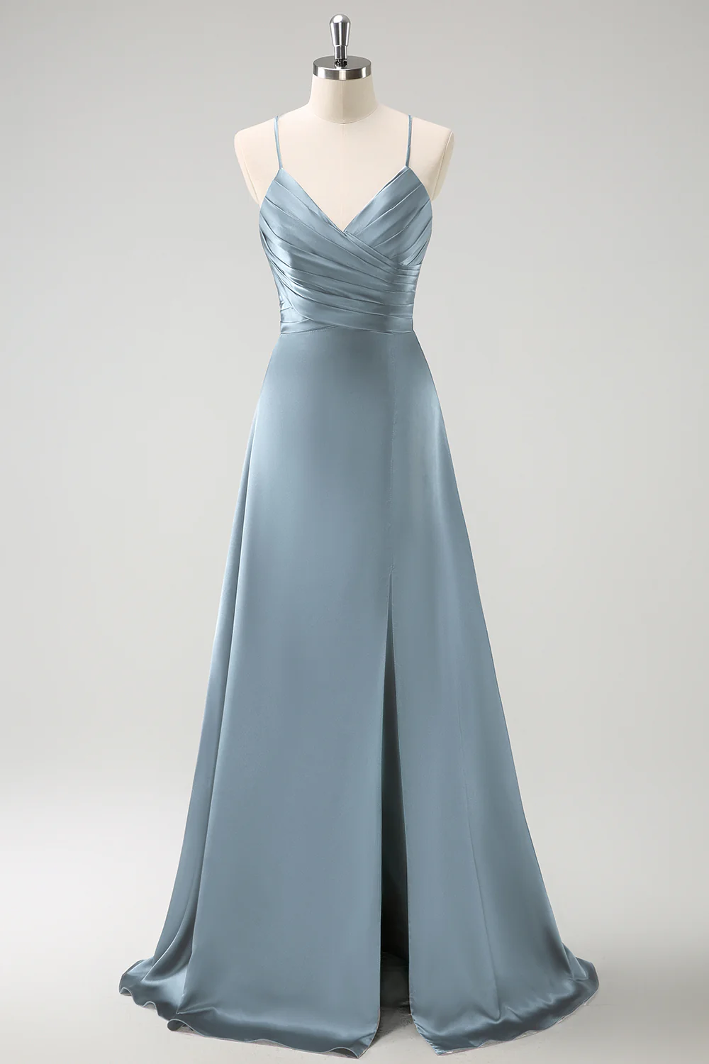 Dark Green A-Line Ruched Lace-Up Back Satin Long Bridesmaid Dress - Image 13