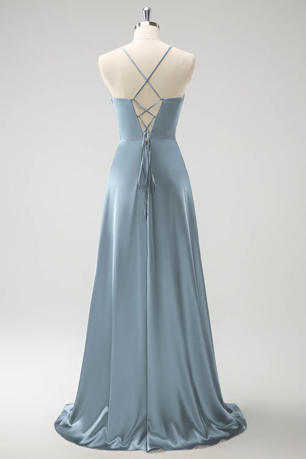 Dark Green A-Line Ruched Lace-Up Back Satin Long Bridesmaid Dress - Image 14