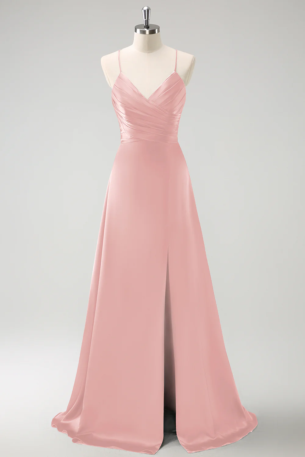 Dark Green A-Line Ruched Lace-Up Back Satin Long Bridesmaid Dress - Image 15