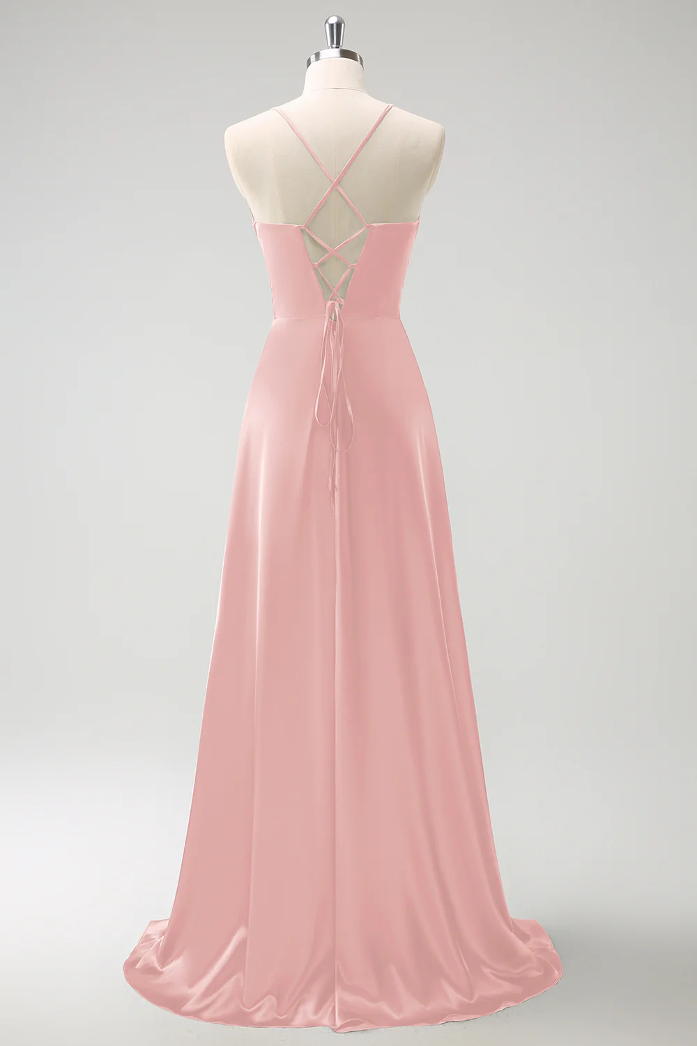Dark Green A-Line Ruched Lace-Up Back Satin Long Bridesmaid Dress - Image 16