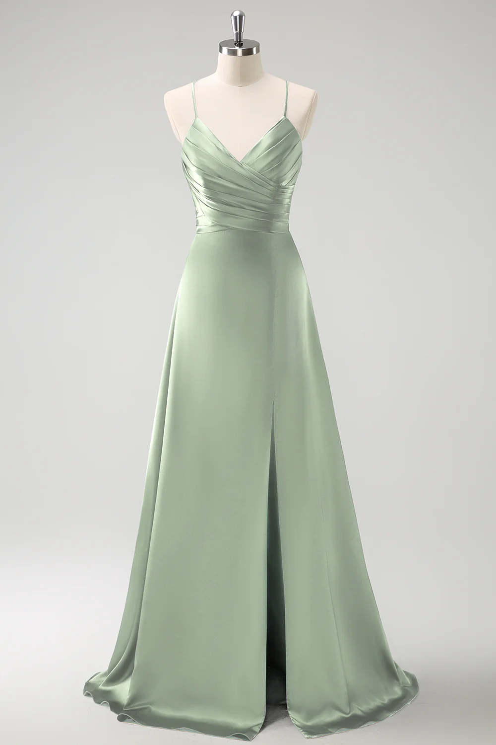 Dark Green A-Line Ruched Lace-Up Back Satin Long Bridesmaid Dress - Image 17