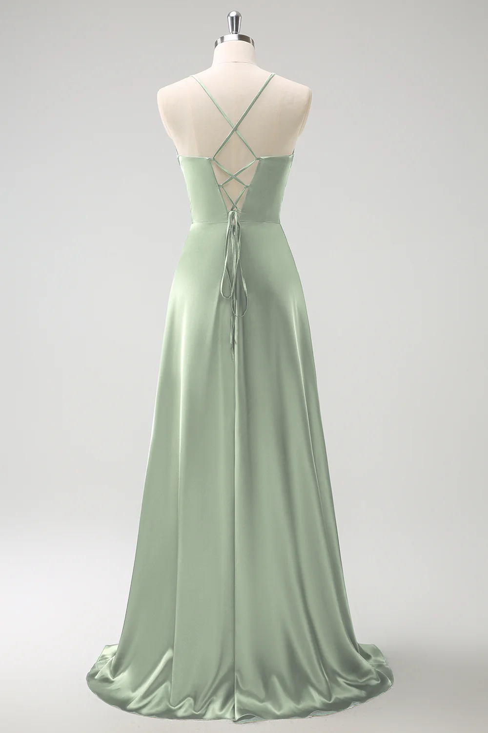 Dark Green A-Line Ruched Lace-Up Back Satin Long Bridesmaid Dress - Image 18