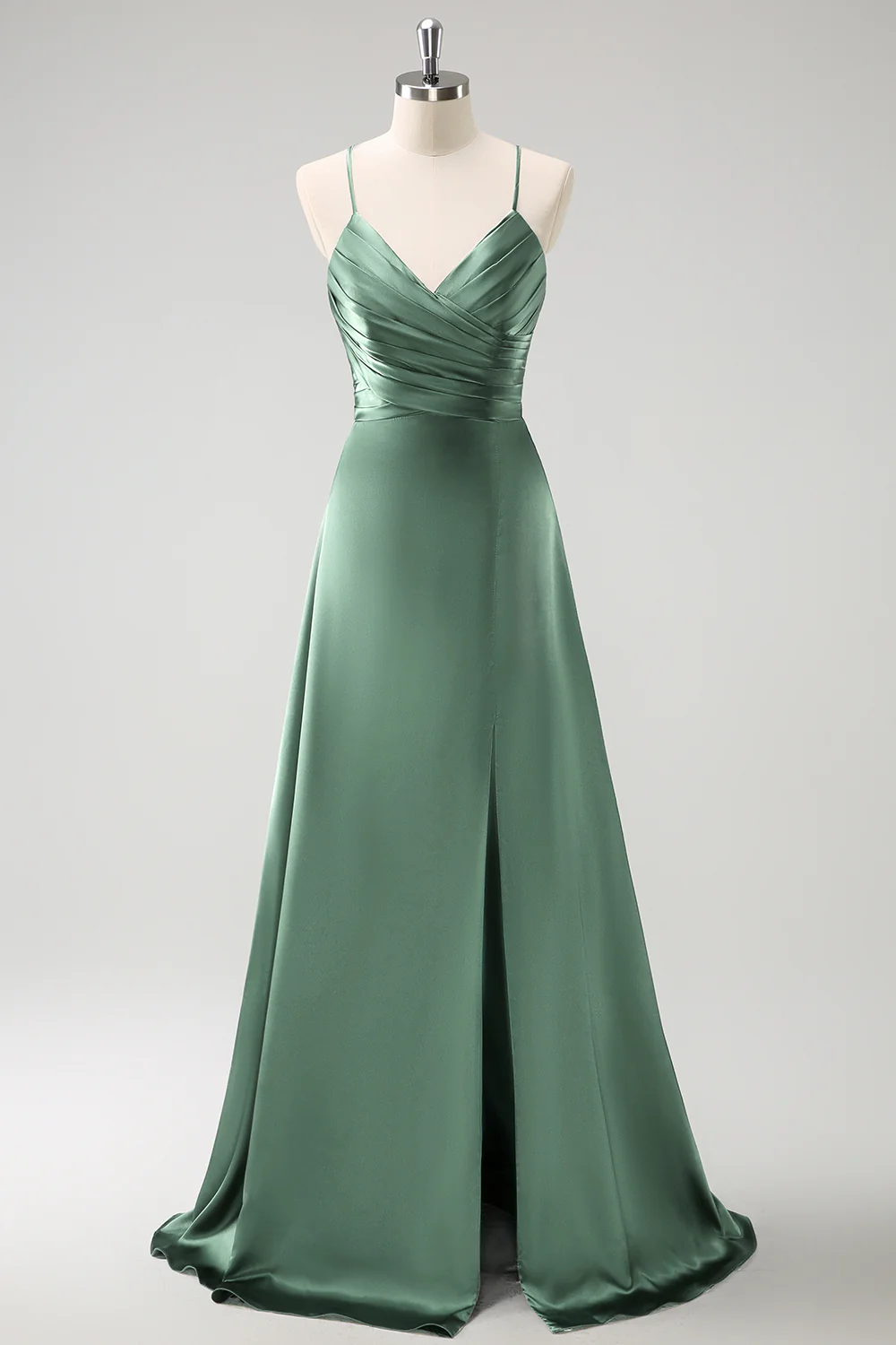 Dark Green A-Line Ruched Lace-Up Back Satin Long Bridesmaid Dress - Image 19