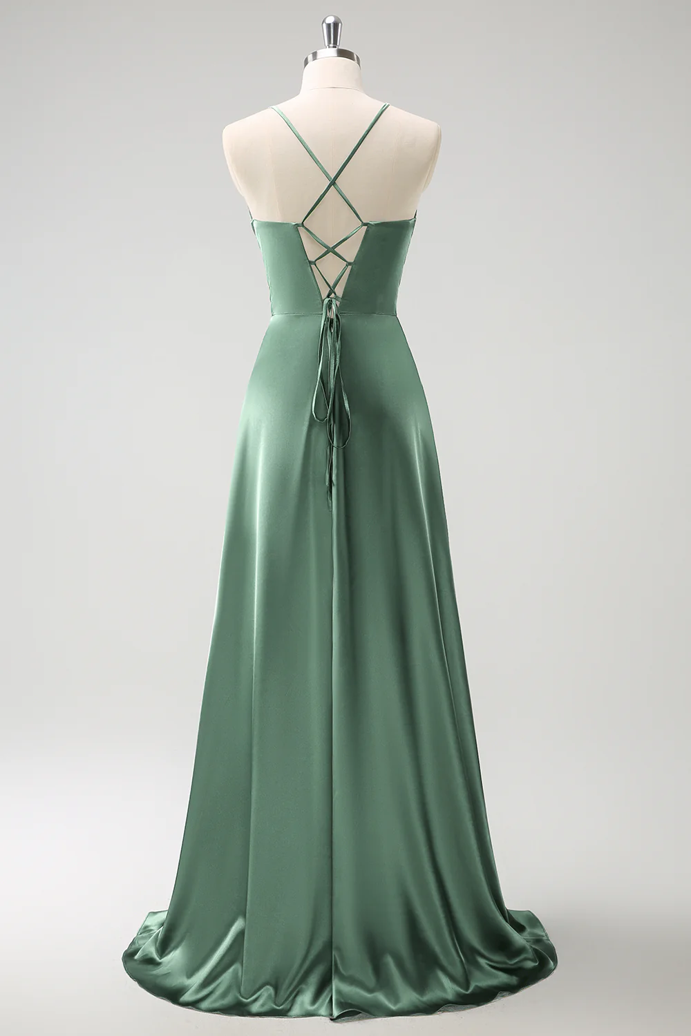 Dark Green A-Line Ruched Lace-Up Back Satin Long Bridesmaid Dress - Image 20