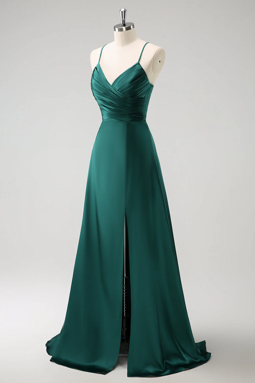 Dark Green A-Line Ruched Lace-Up Back Satin Long Bridesmaid Dress - Image 3