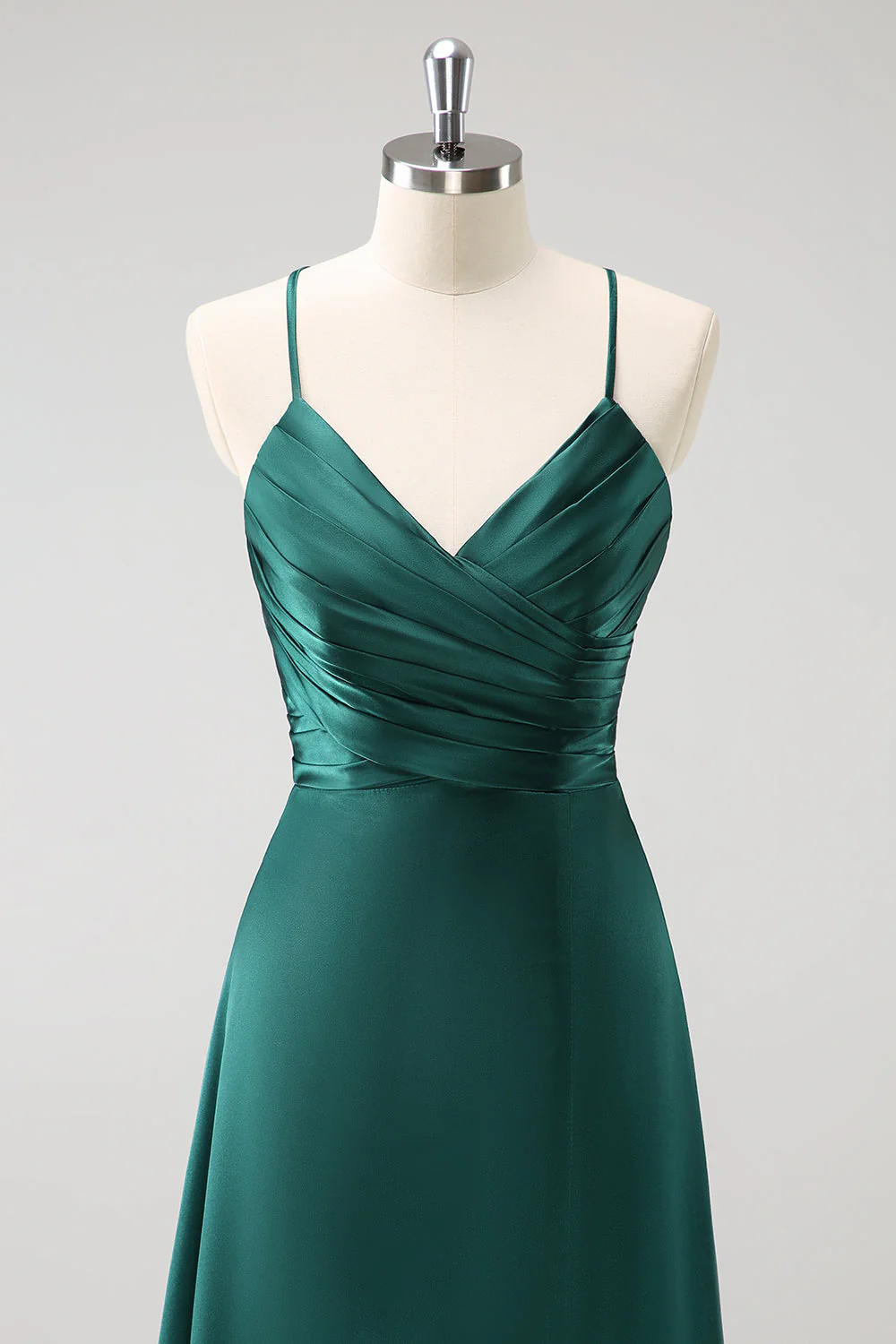 Dark Green A-Line Ruched Lace-Up Back Satin Long Bridesmaid Dress - Image 4