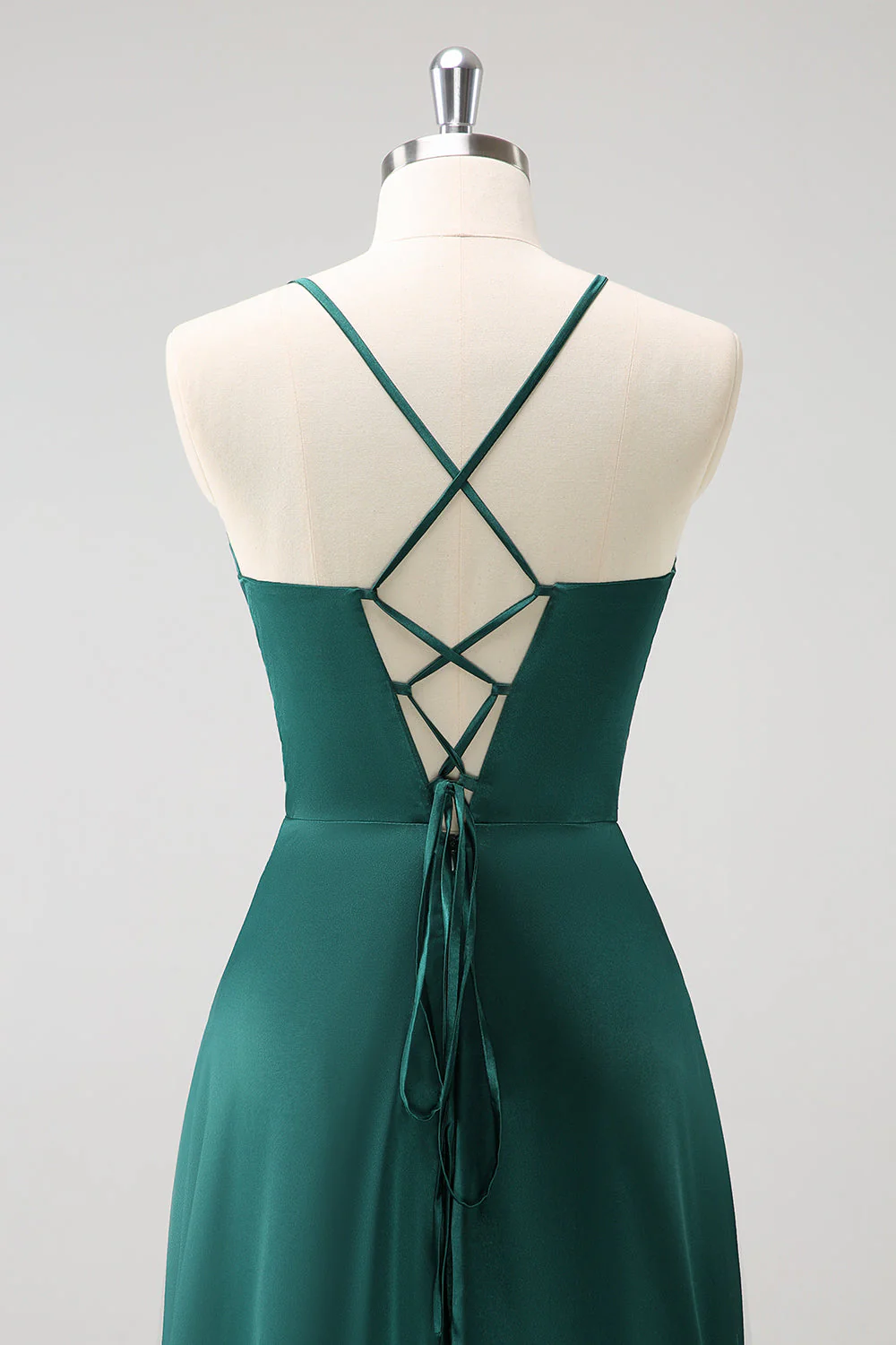 Dark Green A-Line Ruched Lace-Up Back Satin Long Bridesmaid Dress - Image 5