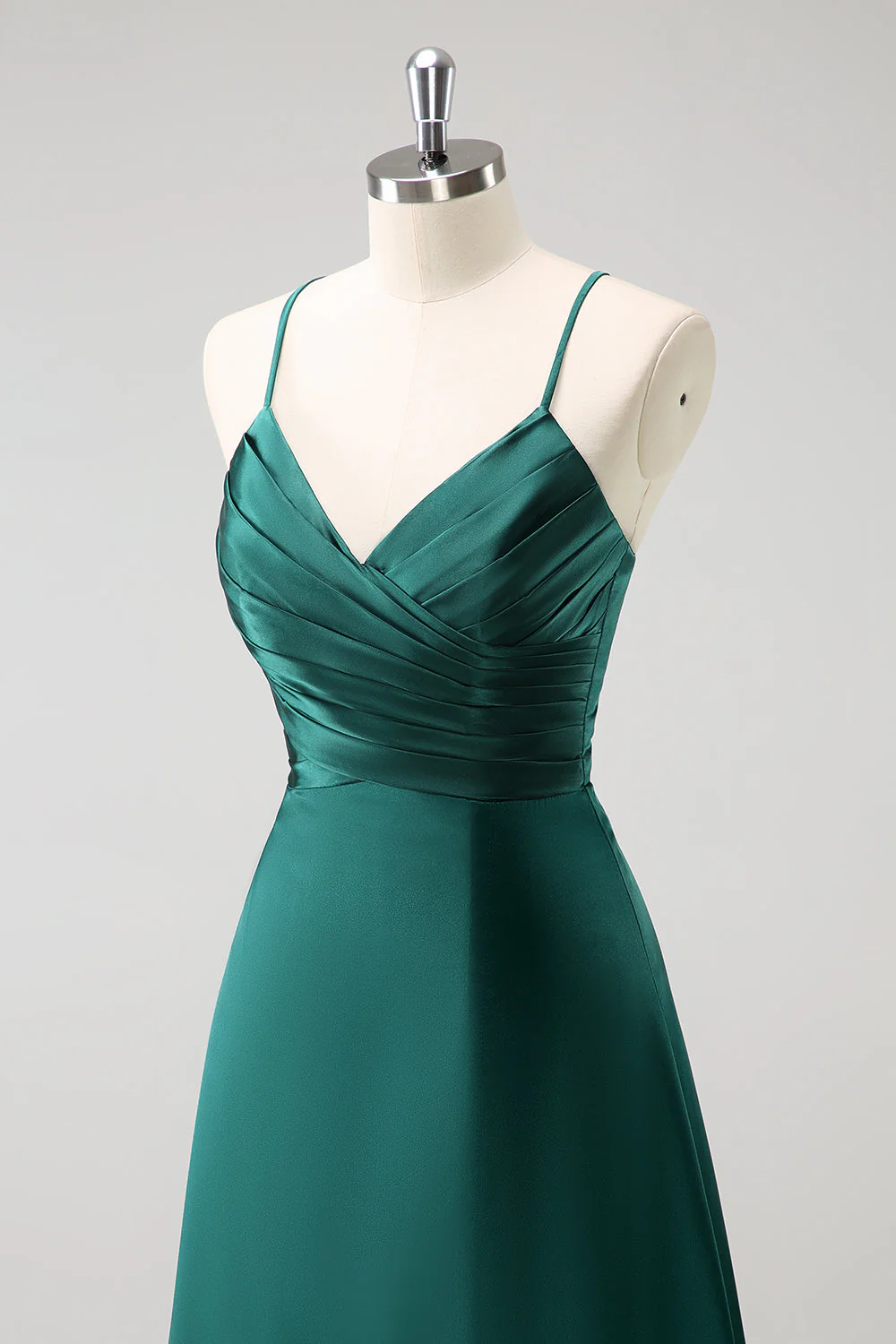 Dark Green A-Line Ruched Lace-Up Back Satin Long Bridesmaid Dress - Image 6