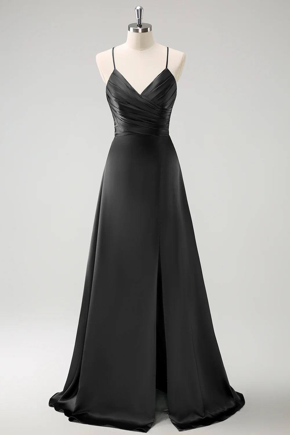 Dark Green A-Line Ruched Lace-Up Back Satin Long Bridesmaid Dress - Image 7