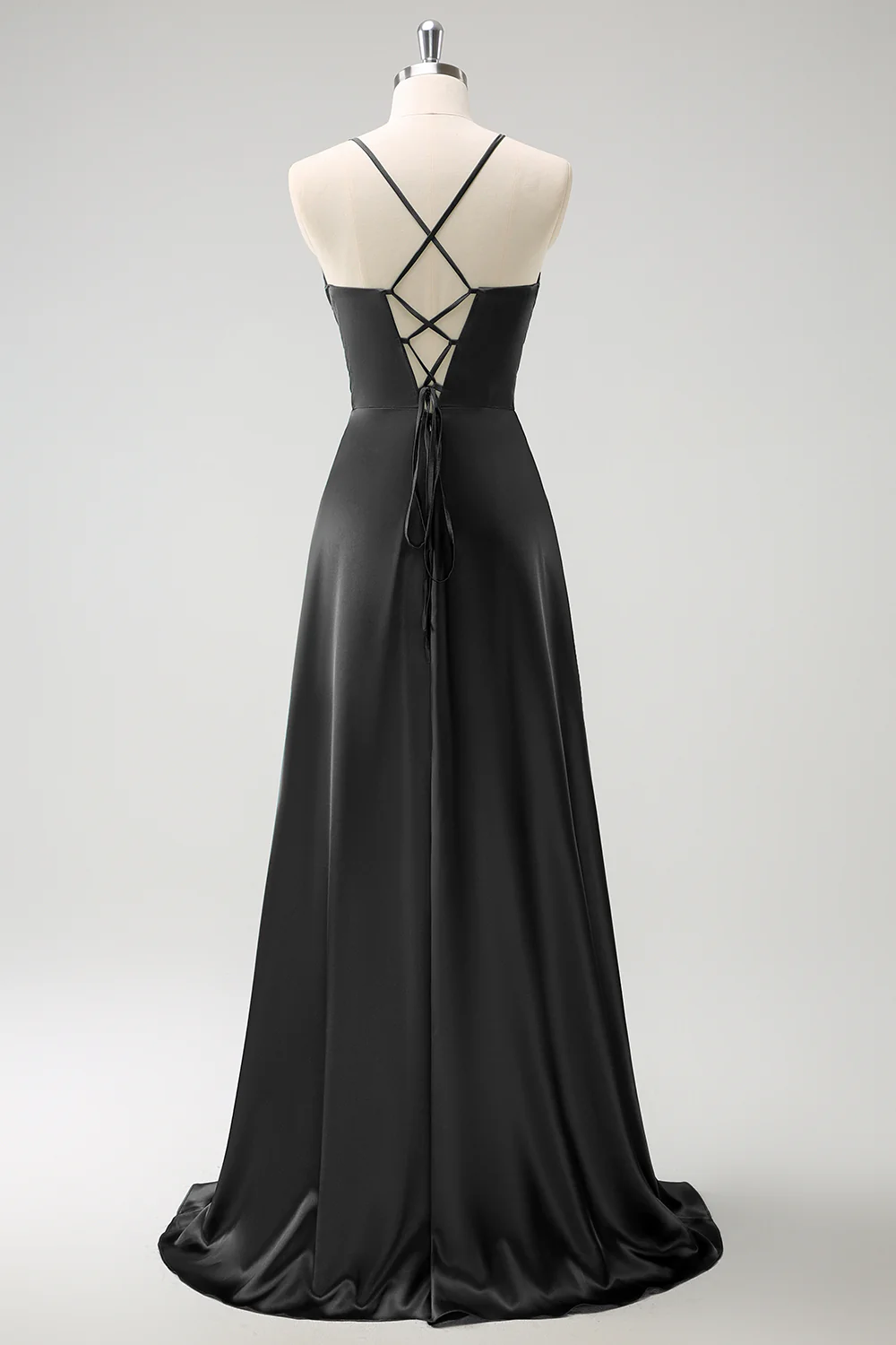 Dark Green A-Line Ruched Lace-Up Back Satin Long Bridesmaid Dress - Image 8