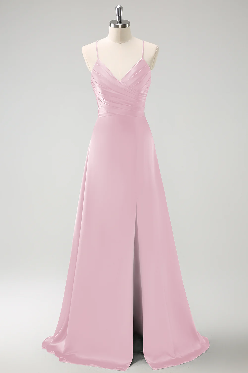 Dark Green A-Line Ruched Lace-Up Back Satin Long Bridesmaid Dress - Image 9