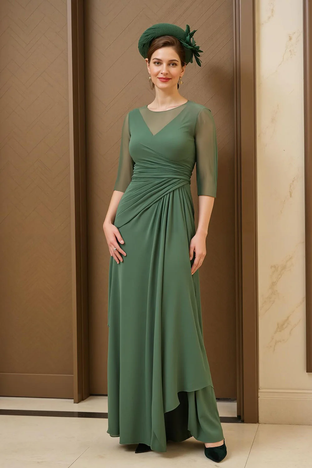 Dark Green A Line Ruched Long Choir Dress with 3/4 Sleeves - Image 2