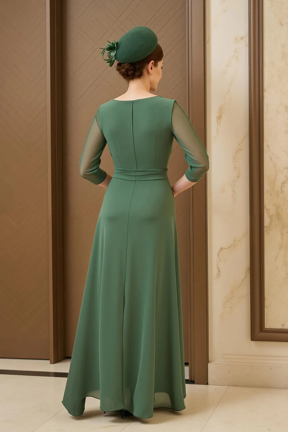 Dark Green A Line Ruched Long Choir Dress with 3/4 Sleeves - Image 3