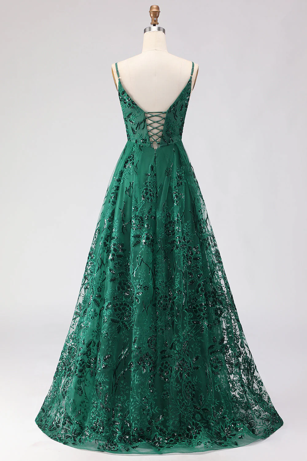 Dark Green A Line Sequins Embroidered Lace Up Back Long Prom Dress with Slit - Image 2