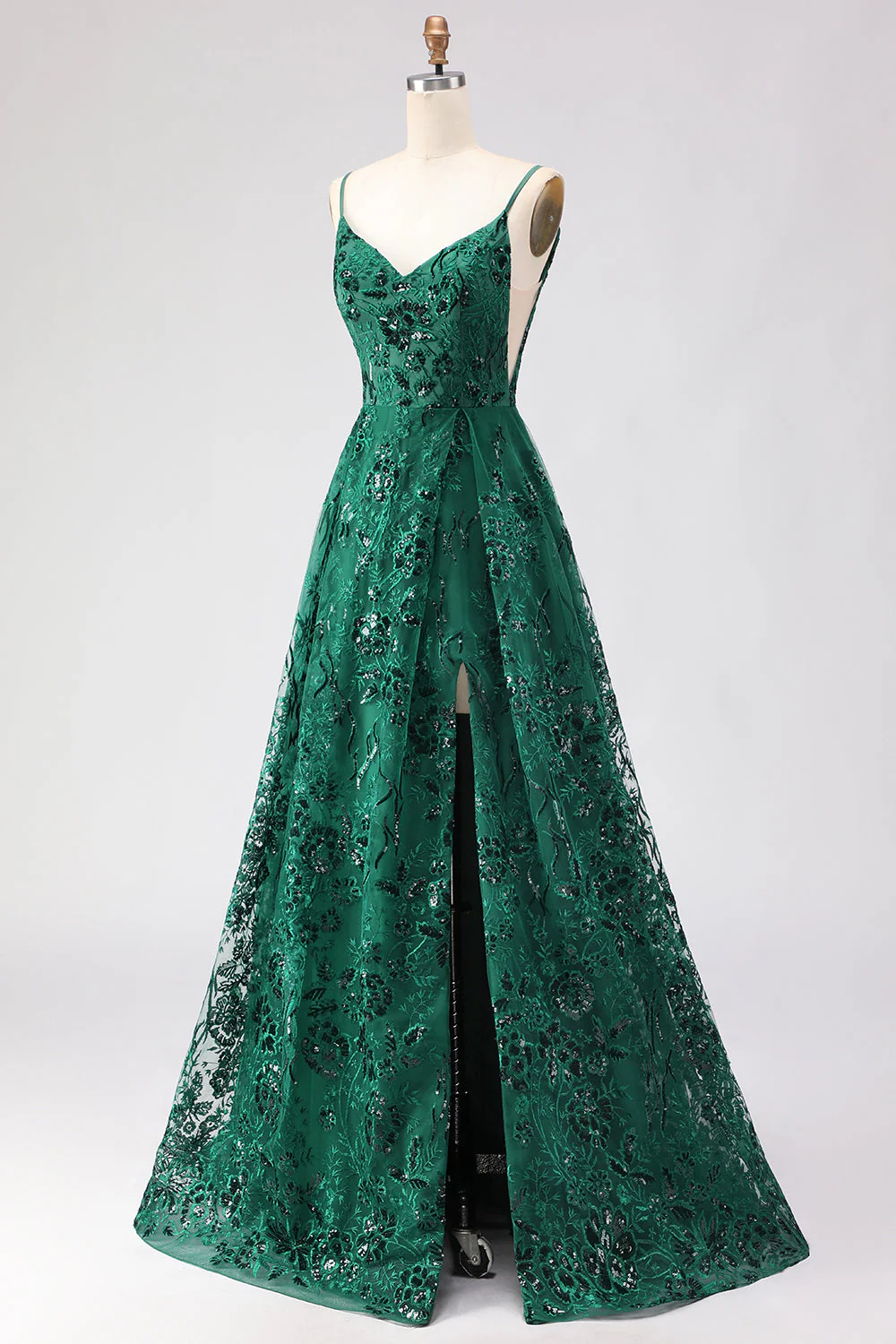 Dark Green A Line Sequins Embroidered Lace Up Back Long Prom Dress with Slit - Image 3