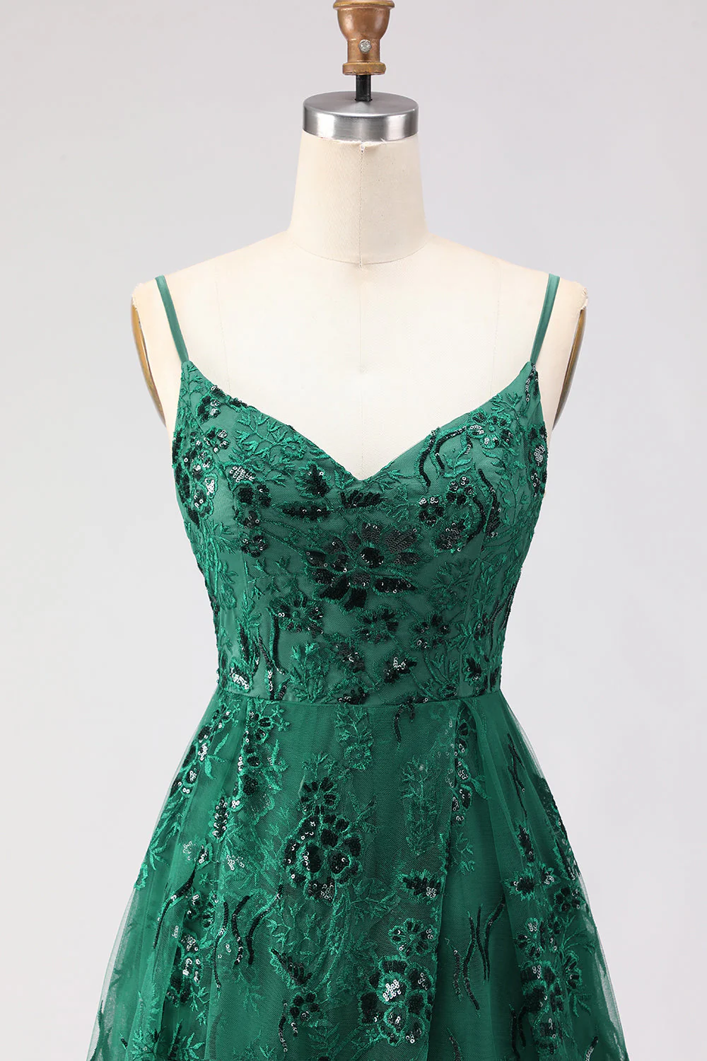 Dark Green A Line Sequins Embroidered Lace Up Back Long Prom Dress with Slit - Image 4