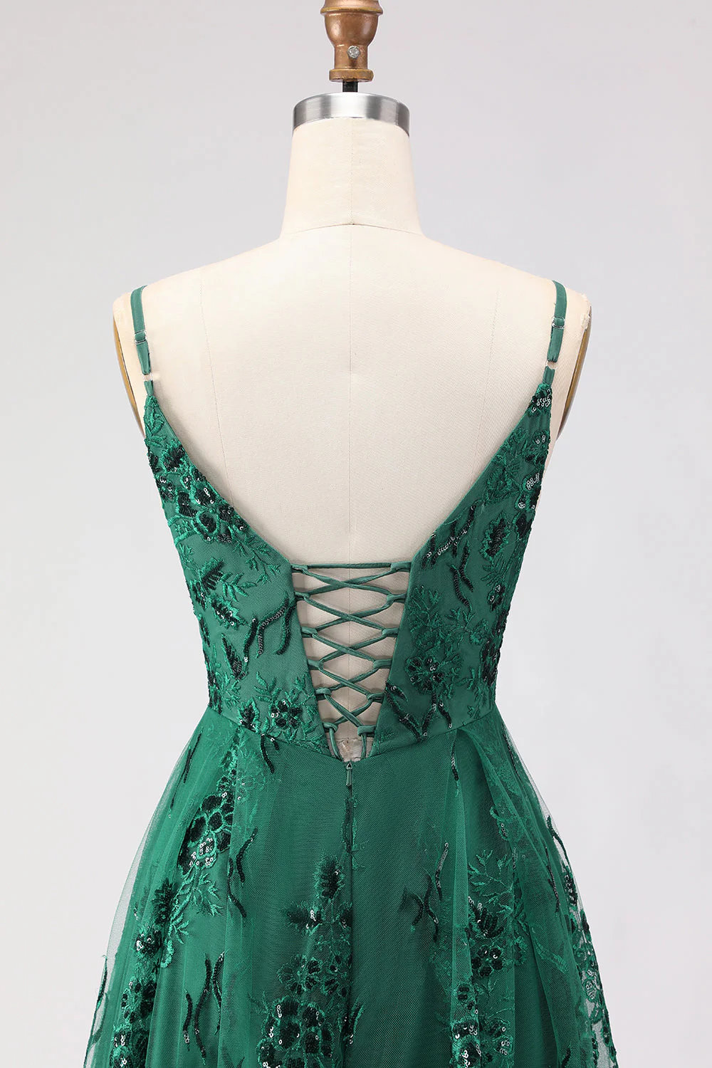 Dark Green A Line Sequins Embroidered Lace Up Back Long Prom Dress with Slit - Image 5
